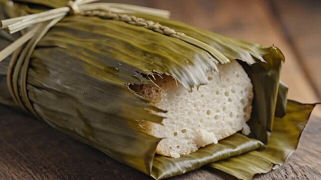Traditional Tamale Wrapped in Banana Leaves on Wooden Surface.