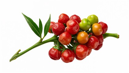Obraz premium Fresh Cherry Cluster on Branch with Green Leaves and Colorful Fruits