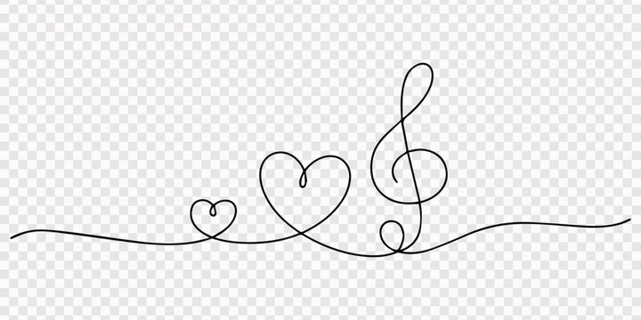 Continuous one line drawing of treble Clef with Hearts. Love music composition concept, transparent background, Treble clef music note flowing into a heart symbol, melody and love for valentine song.