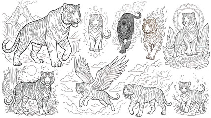 Mythical tiger line art collection, fantasy winged tiger and elemental big cat vector set, 9 mystical tiger illustrations for coloring book © Fahad