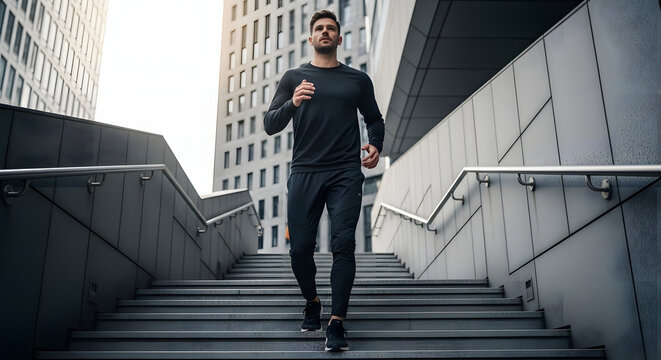 Man in black athletic wear running up urban stairs
