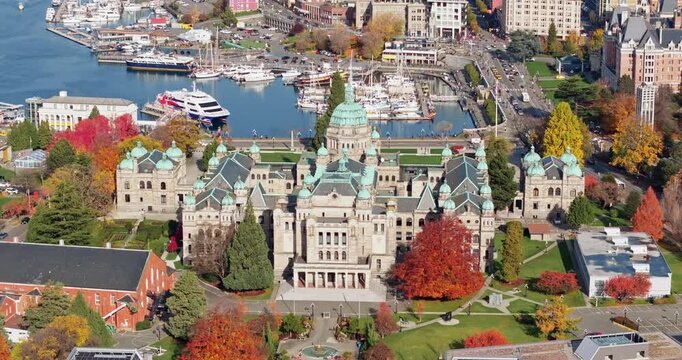 Aerial view of BC Legislative Parliament Building near harbor in Victoria, British Columbia, Canada
