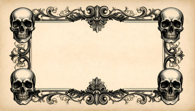 Skulls in a square frame featuring intricate swirls flourishes and floral designs on a light beige background with vintage ornate styling generative AI