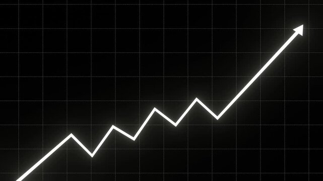 Business chart showing growth with white arrow on black grid background