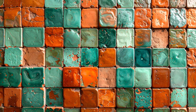 Moroccan zellige tiles featuring hand chiseled squares in terracotta and seafoam green with irregular edges and a shimmering tactile surface texture generative AI