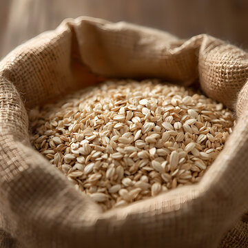 Raw pearl barley grains overflowing in a rustic burlap sack