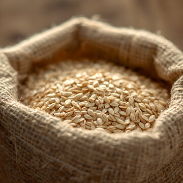Raw pearl barley grains overflowing in a rustic burlap sack