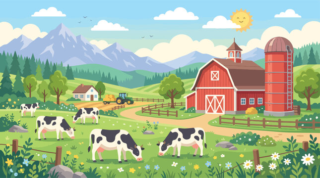 Pastoral dairy farm landscape with grazing cows, red barn and silo under sunny sky, idyllic countryside agriculture vector illustration