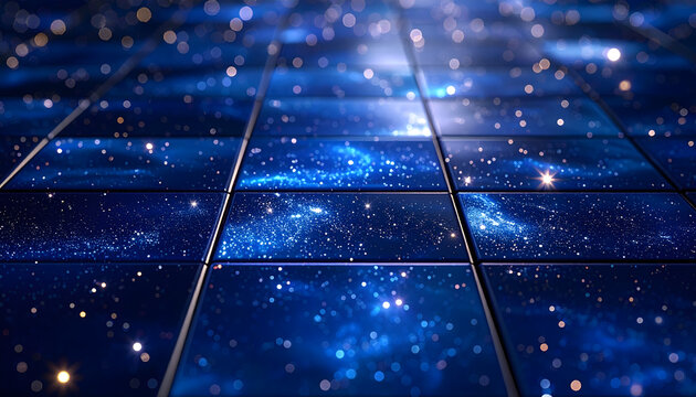 Navy blue tiles featuring tiny holographic glitter particles suspended in the deep glaze resembling a starry night sky with soft reflections generative AI