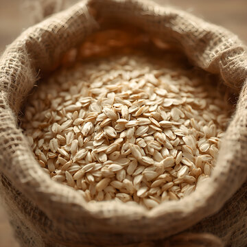 Raw pearl barley grains overflowing in a rustic burlap sack