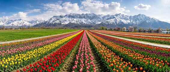 Obraz premium Vibrant tulip fields in Kashmir with snow-capped mountains and Dal Lake in background