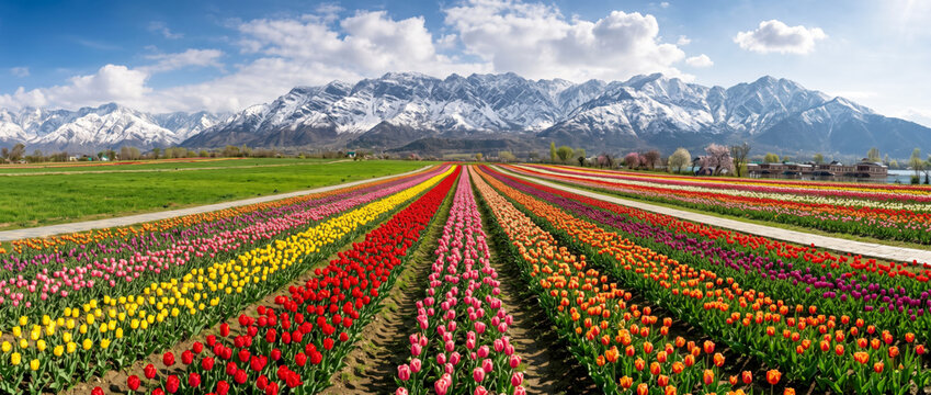 Vibrant tulip fields in Kashmir with snow-capped mountains and Dal Lake in background