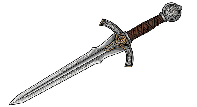 Detailed illustration of a medieval sword with ornate hilt and blade design