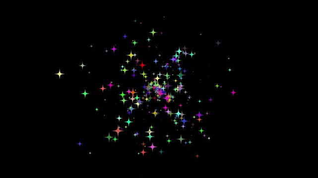 sparkling colourfull dust star animation, premium luxury glitter trail, bright white glowing bokeh lights, elegant fashion shine movement, smooth looping overlay, isolated black background,