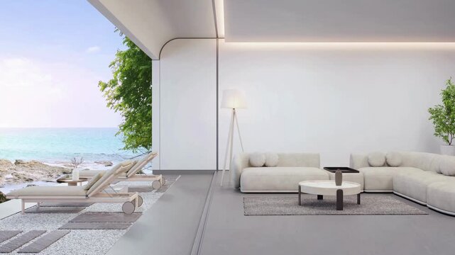 Modern living room with white couch and ocean view