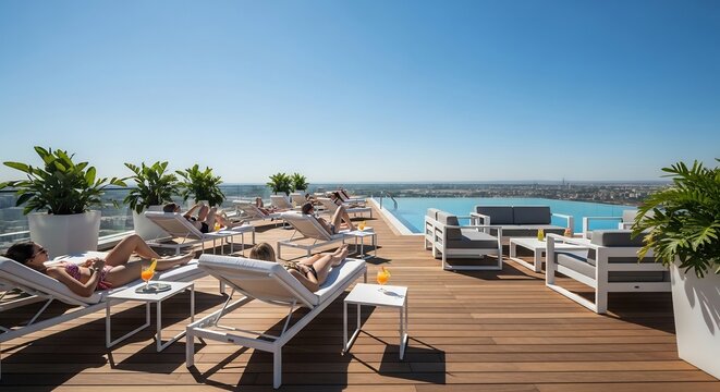 Luxury Rooftop Pool Deck with Sunbathers and Ocean View.