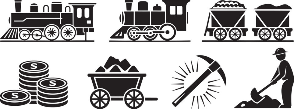 Set of mining industry icons, trains, coal carts, coins, pickaxe and worker silhouette on transparent.