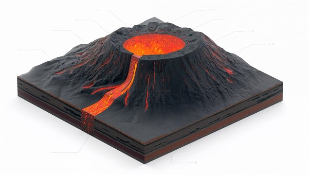 Detailed 3D Model of Erupting Volcano with Lava Flow and Basaltic Terrain