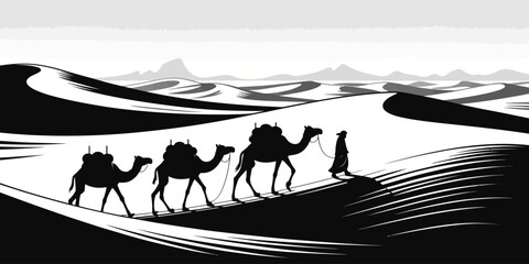Desert, camel caravan, black and white, vector illustration, desert landscape, travel © mafia009