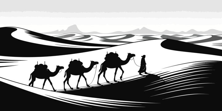 Desert, camel caravan, black and white, vector illustration, desert landscape, travel
