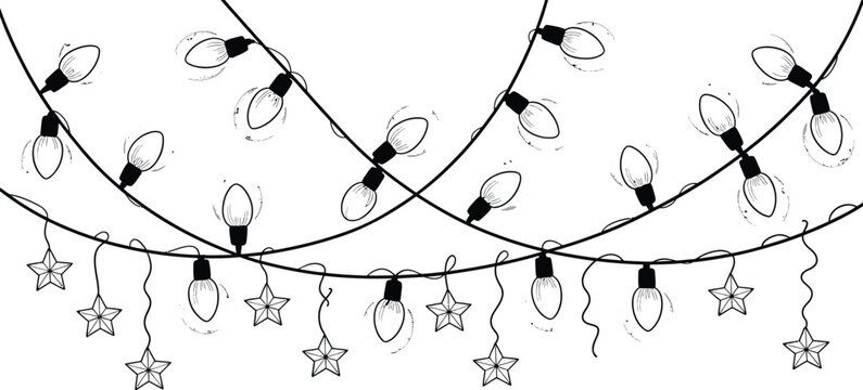 Black and white Christmas string lights, festive holiday decorations, star-shaped ornaments, vector illustration