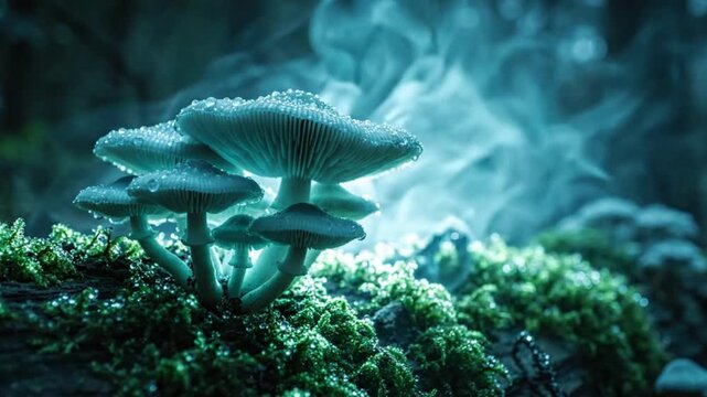 Mystical Blue Mushrooms in Misty Forest, Glowing Cap and Dew Drops