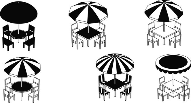 Isometric outdoor cafe furniture set featuring tables chairs and umbrellas for patio restaurant planning and architectural design vector icons