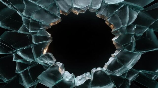 Broken glass dark hole abstract background shattered fragment sharp edge black circular damage crack danger transparent reflection texture pattern jagged circle shattered glass hole broken glass