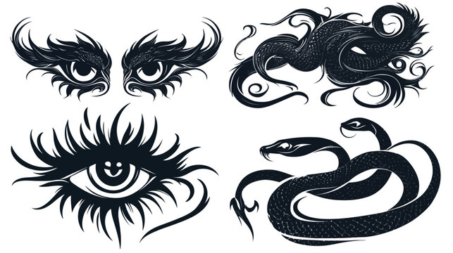 Monochrome stylized illustration. Features eyes and serpents, with detail and texture. White background