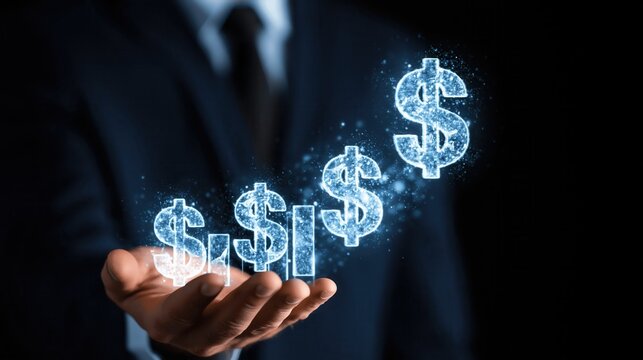 A businessman holding glowing dollar signs in his hand