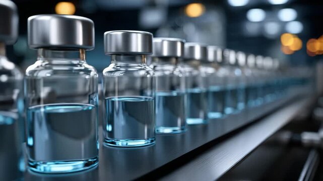 Glass vial liquid medical laboratory sterile row factory production line transparent container sample test research quality control industrial analysis in pharmaceutical workflow