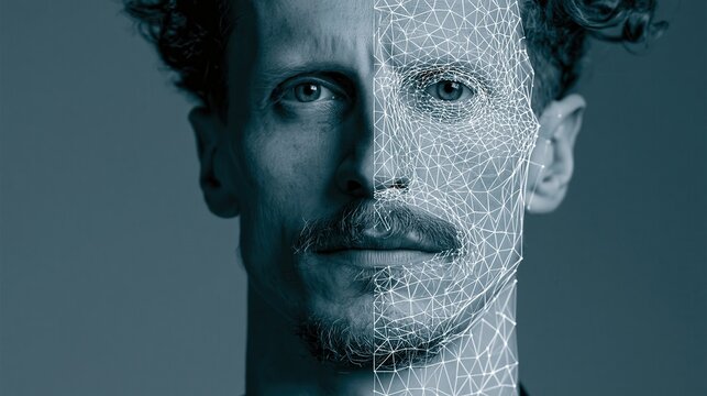 A man with a digital face overlay looks directly at the camera