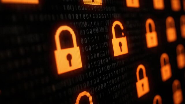 Cyber security lock icon dark binary code background with orange glow, digital protection concept, data safety, digital security lock code, digital security lock icons dark code background