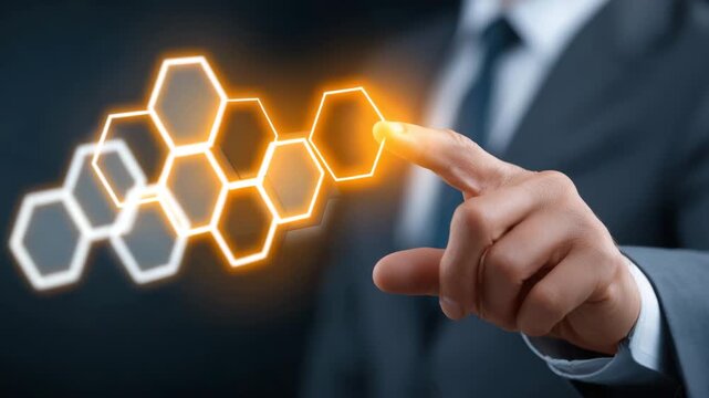 Glowing hexagon interface, finger touch, business suit, digital network, technology concept, businessman hand touching glowing hexagon interface, digital technology concept, business innovation