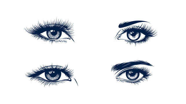 Illustration of four eye drawings. Each eye has detailed eyelashes, eyebrows, and iris patterns