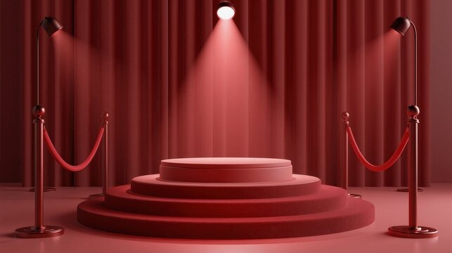 A luxurious red stage with a circular platform and velvet ropes