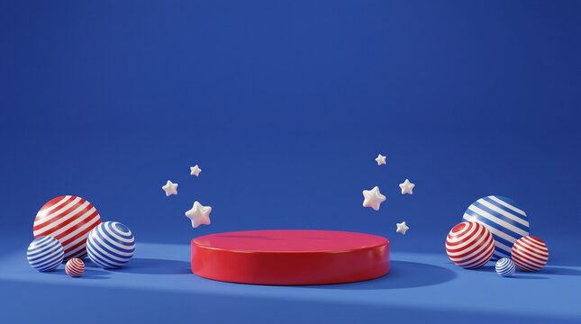 USA Independence Day Patriotic Product Podium Background with Seashells, Stars and Red White Blue Decorations