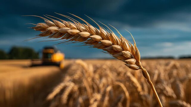 Wheat ear golden field with blurred harvest machine and harvester background dramatic sky, grain crop agriculture farm harvest plant scene golden field, wheat ear foreground with golden field