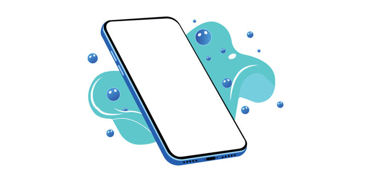 Blank smartphone screen mockup with blue abstract cloud bubbles on light background