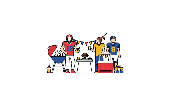 American Football Fans Enjoying Tailgate Party with BBQ and Drinks