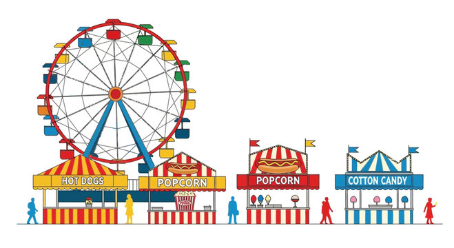 Carnival Fun: Ferris Wheel, Food Stalls, and Happy Visitors at Amusement Park