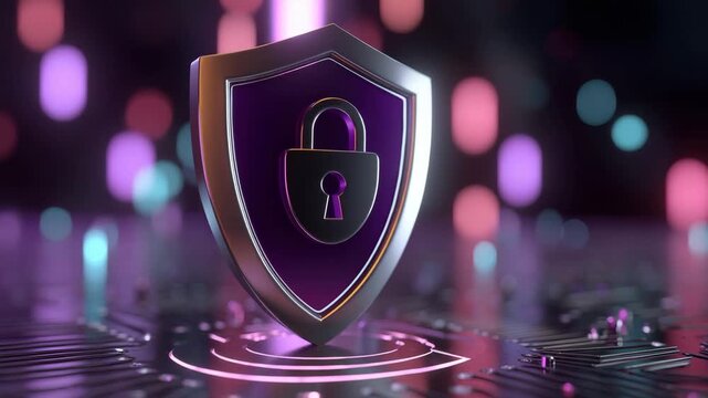 Shield padlock security protection privacy cyber digital data network technology, shield with lock purple security icon cyber protection digital safety data privacy secure network glowing neon