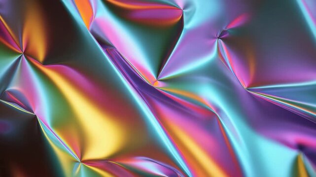 Abstract holographic foil texture with iridescent rainbow light, smooth metallic folds, glossy fabric texture, neon color reflection, and color gradient background