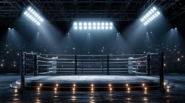 A dimly lit boxing ring with bright spotlights shining down