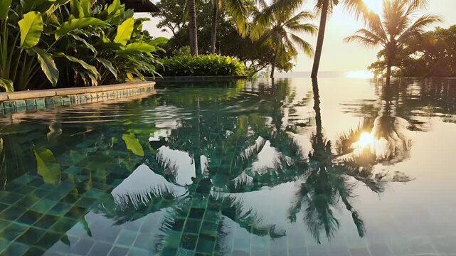 Tropical Resort Infinity Pool Reflecting Palm Trees and Sunset Sky.