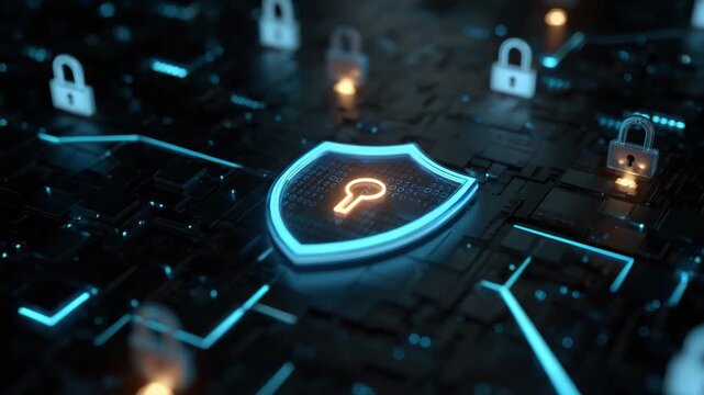 Cyber Security Shield with Keyhole Lock Icon on Dark Digital Circuit Background, Glowing Network Data Protection Concept for Privacy and Secure Digital Network