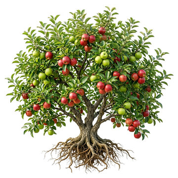 Healthy apple tree with visible roots and red green fruit isolated, agriculture