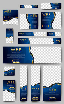 Modern web banner design template Set, Horizontal header web banner, Modern blue gold cover header background for website design, Social Media Cover ads banner, sale web banner, flyer