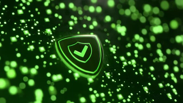 Green shield check mark digital background cybersecurity protection security safety defense network technology abstract light icon green glow cyber protection data safety online security shield mark
