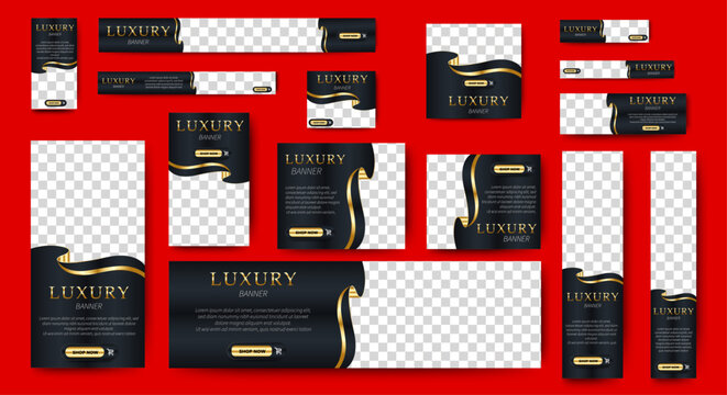 Web banner template design set layout with photo and text space. black and gold. Business advertising set design template. Vertical, horizontal, square banners standard size.